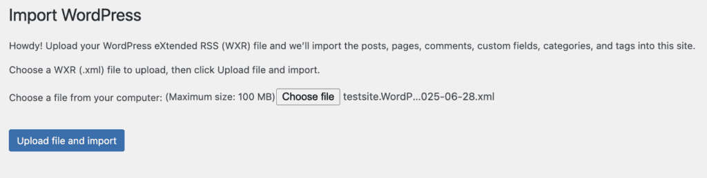 Upload export file for import